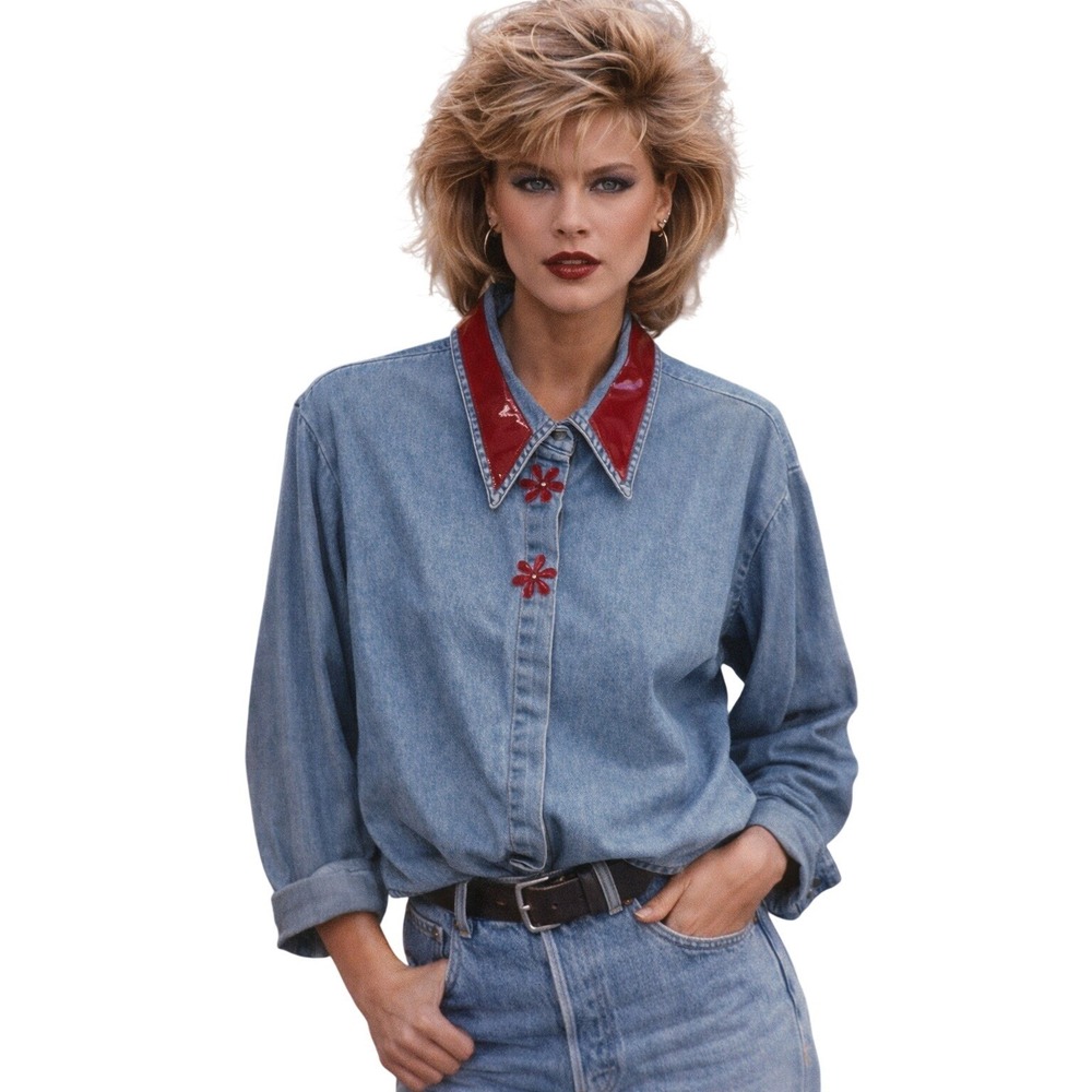 Vintage 80s Denim Shirt Red Vinyl Collar Floral Applique Blue Oversized
